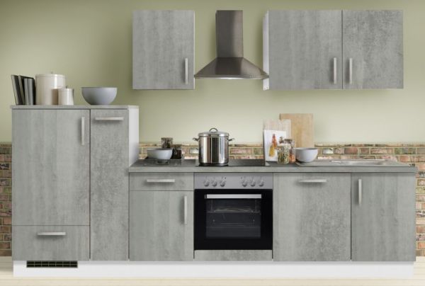 Küchenblock "White Premium" in Beton-Optik Einbauküche inkl. E-Geräte + Geschirrspüler und Apothekerschrank 310 cm