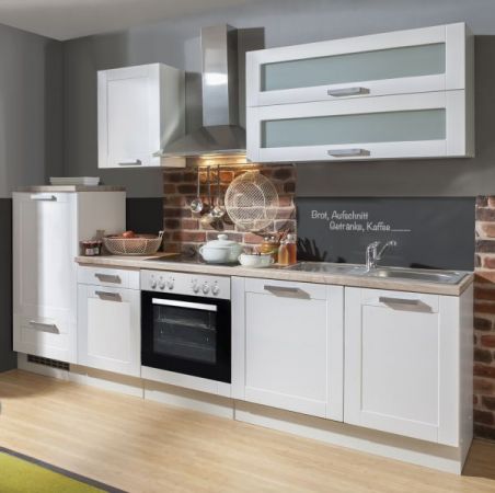 Küchenblock White Premium in weiß matt Landhaus Einbauküche inkl. E-Geräte + Geschirrspüler satiniertes Glas 280 cm