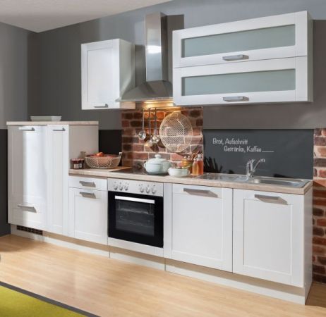 Küchenblock White Premium in weiß matt Landhaus Einbauküche inkl. E-Geräte + Geschirrspüler Apothekerschrank satiniertes Glas 300 cm