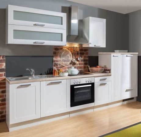 Küchenblock "White Premium" in weiß matt Landhaus Einbauküche inkl. E-Geräte + Geschirrspüler Apothekerschrank satiniertes Glas 300 cm