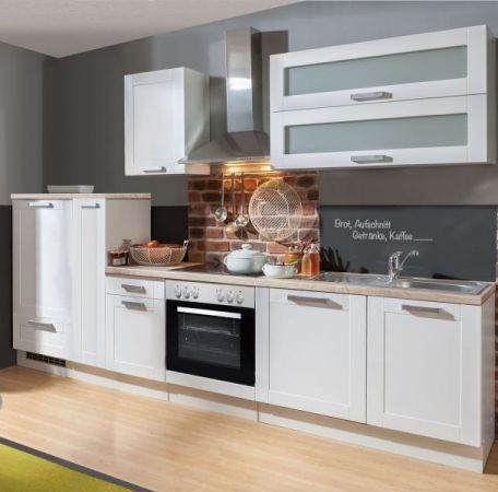 Küchenblock White Premium in weiß matt Landhaus Einbauküche inkl. E-Geräte + Geschirrspüler Apothekerschrank satiniertes Glas 310 cm