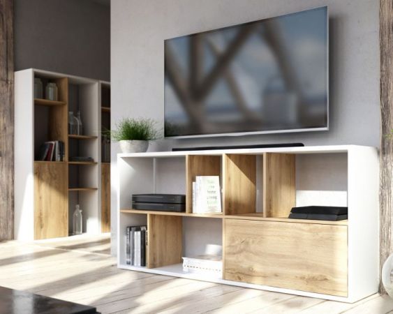 TV-Lowboard oder Regal "Shuttle" in weiß und Artisan Eiche stehend oder liegend TV-Board mit Komforthöhe / Bücherregal
