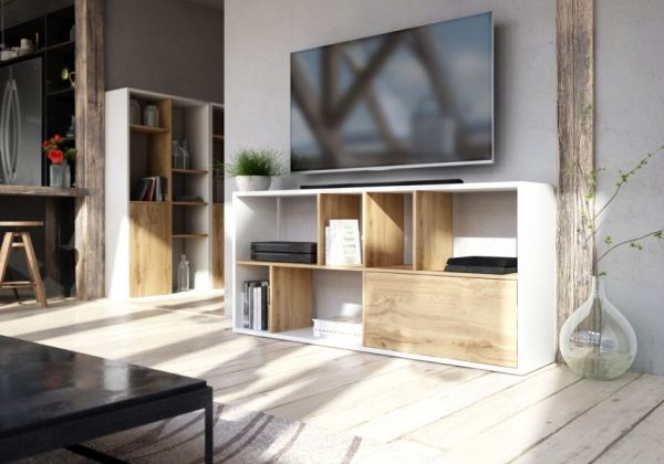 TV-Lowboard oder Regal "Shuttle" in weiß und Artisan Eiche stehend oder liegend TV-Board mit Komforthöhe / Bücherregal