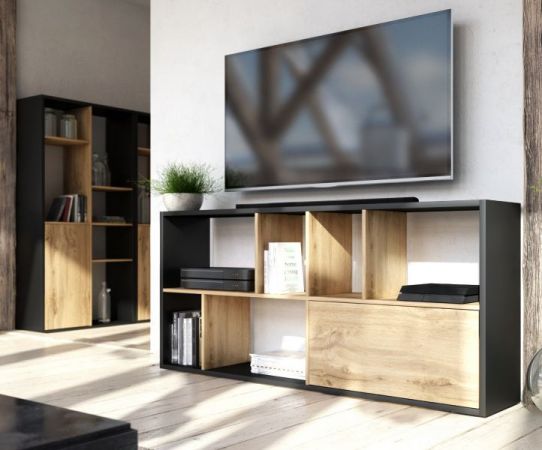 TV-Lowboard oder Regal Shuttle schwarz und Artisan Eiche stehend oder liegend TV-Board mit Komforthhe / Bcherregal
