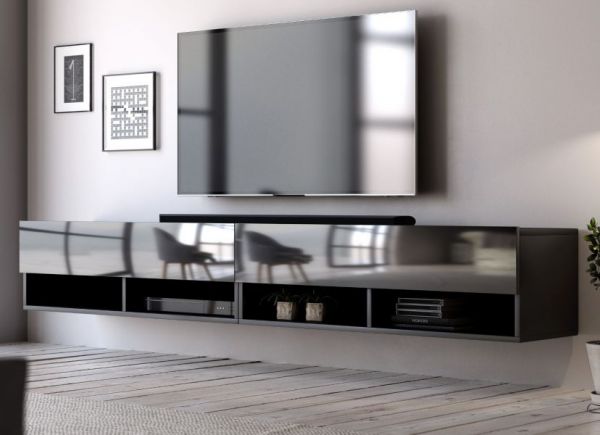 TV Lowboard Epsom in schwarz Hochglanz hängend 200 x 30 cm