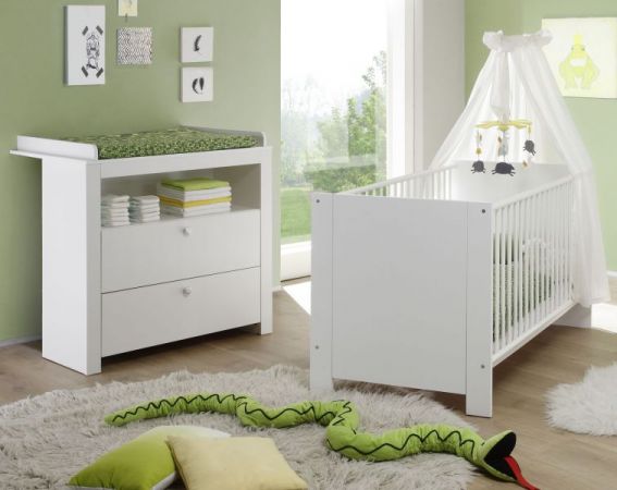Babyzimmer Olivia in weiß komplett Set 2-teilig mit Wickelkommode und Babybett