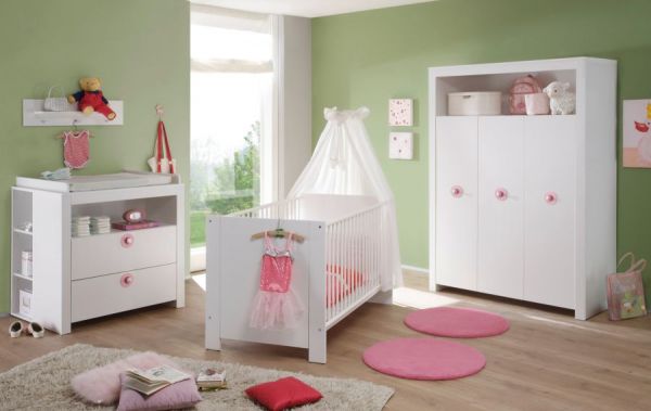 Babyzimmer Olivia in weiß und rosa komplett Set 2-teilig mit Wickelkommode und Babybett
