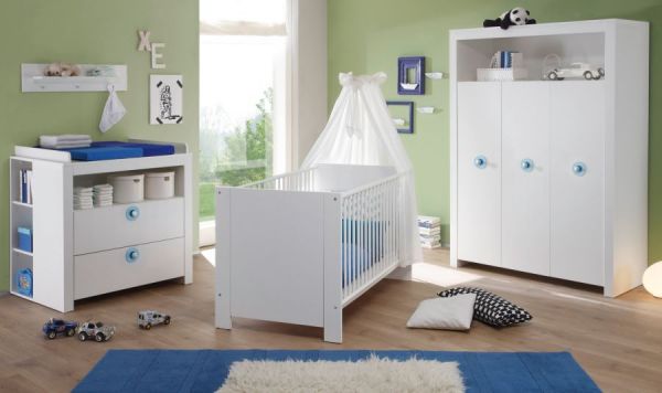 Babyzimmer Olivia in weiß und blau komplett Set 3-teilig mit Wickelkommode Kleiderschrank und Babybett