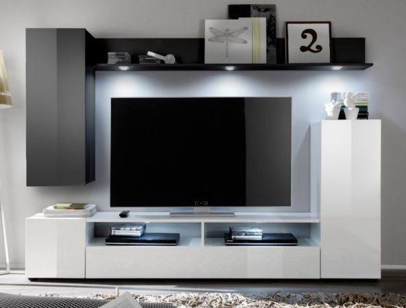 Wohnwand Medienwand DOS wei� schwarz Hochglanz 208 x 165 cm Fernsehschrank bis ca. 55