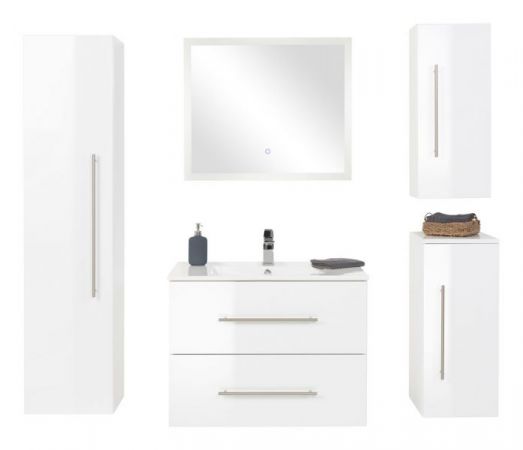 Badezimmer Badmöbel Set "Homeline" in weiß Hochglanz 6-teilig inkl. Waschbecken und LED 170 x 190 cm