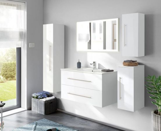 Badezimmer Badmöbel Set "Homeline" in weiß Hochglanz 6-teilig inkl. Waschbecken und LED 195 x 190 cm