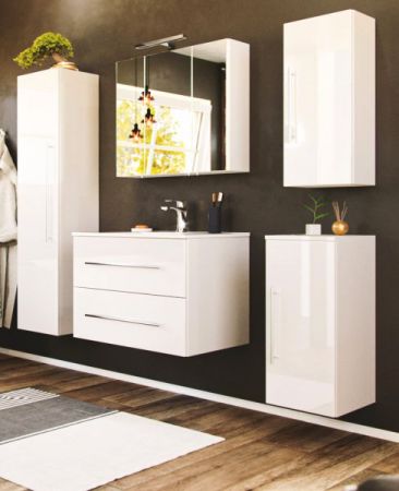 Badezimmer Badmöbel Set Homeline in weiß Hochglanz 7-teilig inkl. Waschbecken und LED 165 x 190 cm