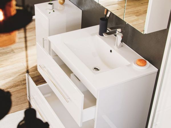 Badezimmer Badmöbel Set "Homeline" in weiß Hochglanz 7-teilig inkl. Waschbecken und LED 165 x 190 cm