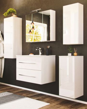 Badezimmer Badmöbel Set Homeline in weiß Hochglanz 7-teilig inkl. Waschbecken und LED 165 x 190 cm