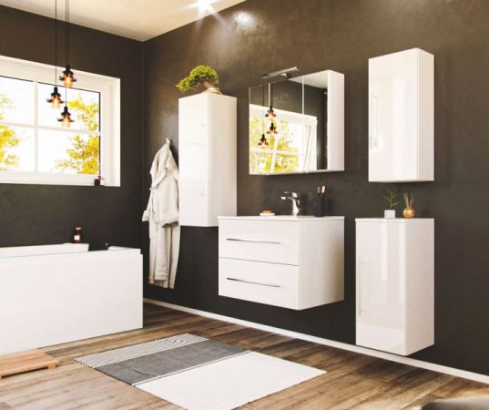 Badezimmer Badmöbel Set "Homeline" in weiß Hochglanz 7-teilig inkl. Waschbecken und LED 165 x 190 cm
