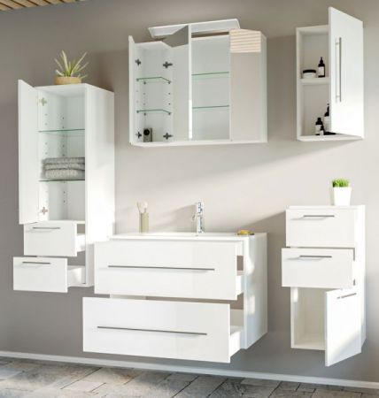 Badezimmer Badmöbel Set "Homeline" in weiß Hochglanz 7-teilig inkl. Waschbecken und LED 180 x 190 cm