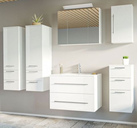 Badezimmer Badmöbel Set Homeline in weiß Hochglanz 8-teilig inkl. Waschbecken und LED 230 x 190 cm