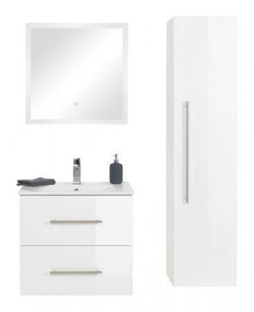 Badezimmer Badmöbel Set "Homeline" in weiß Hochglanz 4-teilig inkl. Waschbecken und LED 110 x 190 cm