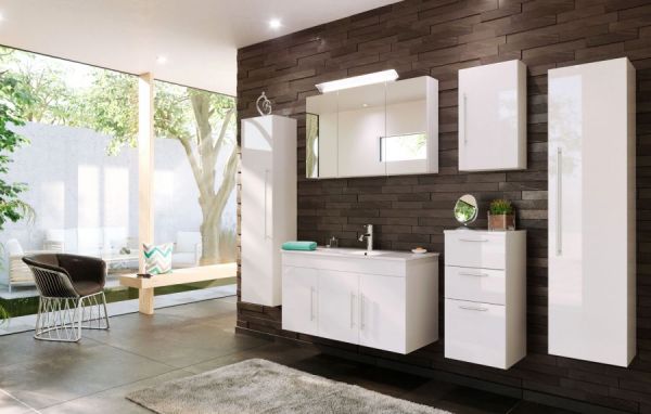 Badezimmer Waschbeckenunterschrank "Teramo" in weiß Hochglanz inkl. Waschbecken hängend 100 x 56 cm