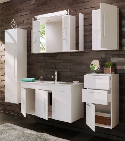 Badezimmer Badmöbel Set "Teramo" in weiß Hochglanz 7-teilig inkl. Waschtisch und LED 200 x 190 cm