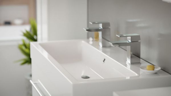 Badezimmer Badmöbel Set "Livono" in weiß Hochglanz 5-teilig inkl. Doppelwaschtisch und LED 150 x 190 cm