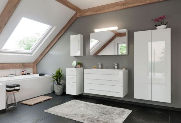 Badezimmer Badmöbel Set "Livono" in weiß Hochglanz 8-teilig inkl. Doppelwaschtisch und LED 250 x 190 cm