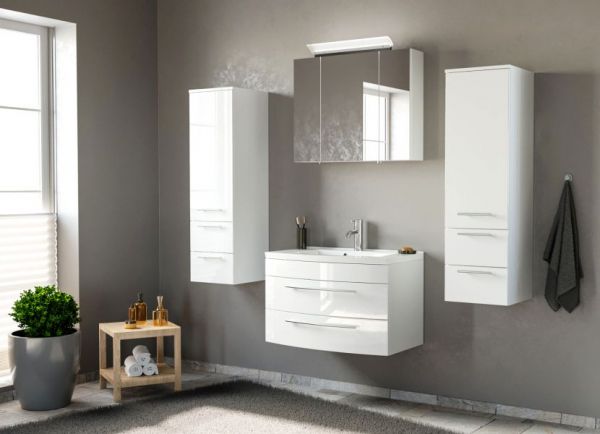 Badezimmer Spiegelschrank "Luna" in weiß Hochglanz inkl. LED Badschrank 3-türig 80 x 62 cm