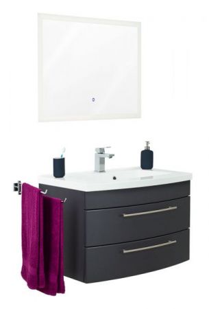 Badezimmer Badmöbel Set "Luna" in anthrazit Seidenglanz 3-teilig inkl. Waschbecken und LED 80 x 190 cm