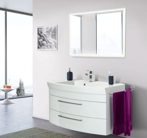 Badezimmer Badmöbel Set "Luna" in weiß Hochglanz 3-teilig inkl. Waschbecken und LED 100 x 190 cm