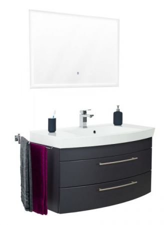 Badezimmer Badmöbel Set "Luna" in anthrazit Seidenglanz 3-teilig inkl. Waschbecken und LED 100 x 190 cm