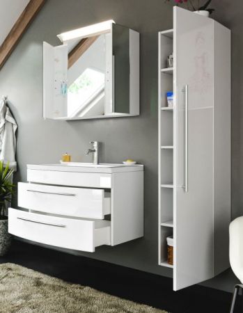 Badezimmer Badmöbel Set "Luna" in weiß Hochglanz 5-teilig inkl. Waschbecken und LED 130 x 190 cm