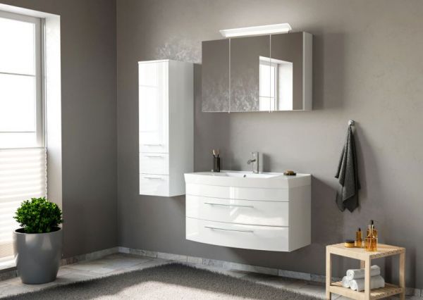 Badezimmer Badmöbel Set "Luna" in weiß Hochglanz 5-teilig inkl. Waschbecken und LED 150 x 190 cm