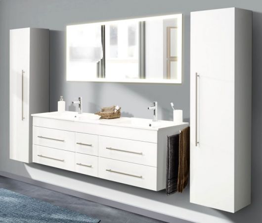 Badezimmer Badmöbel Set Nero in weiß Hochglanz 6-teilig inkl. Doppelwaschtisch und LED 253 x 190 cm