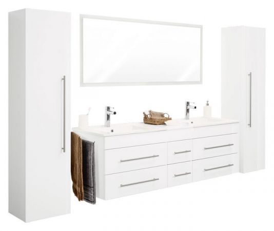 Badezimmer Badmöbel Set "Nero" in weiß Hochglanz 6-teilig inkl. Doppelwaschtisch und LED 253 x 190 cm