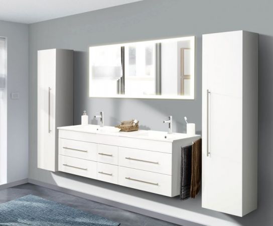 Badezimmer Badmöbel Set "Nero" in weiß Hochglanz 6-teilig inkl. Doppelwaschtisch und LED 253 x 190 cm
