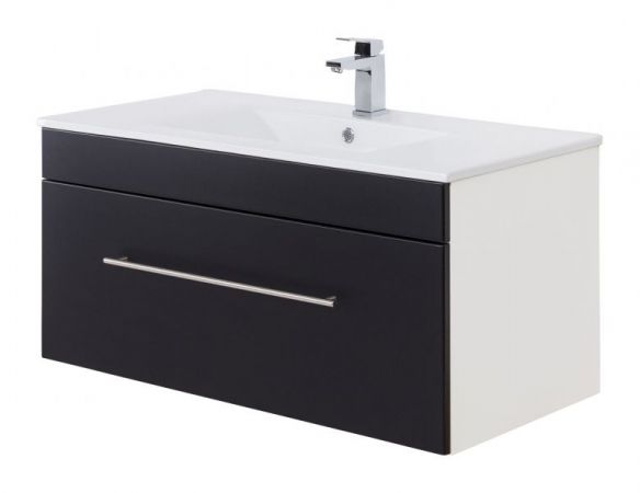 Badezimmer Waschbeckenunterschrank "Viva" in schwarz Seidenglanz und weiß inkl. Waschbecken hängend 100 x 48 cm
