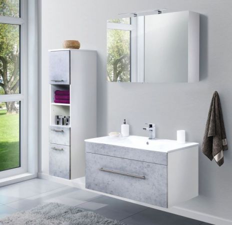 Badezimmer Waschbeckenunterschrank "Viva" in Stone Design grau und weiß inkl. Waschbecken hängend 100 x 48 cm