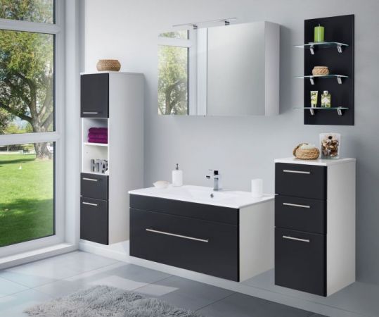 Badezimmer Hochschrank "Viva" in schwarz Seidenglanz und weiß Badschrank hängend 35 x 100 cm