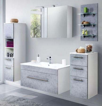 Badezimmer Badmöbel Set "Viva" in Stone Design grau und weiß 8-teilig inkl. Waschbecken und LED 200 x 190 cm