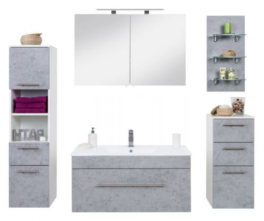 Badezimmer Badmöbel Set "Viva" in Stone Design grau und weiß 8-teilig inkl. Waschbecken und LED 200 x 190 cm