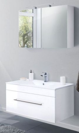 Badezimmer Badmöbel Set Viva in weiß Hochglanz 4-teilig inkl. Waschbecken und LED 100 x 190 cm
