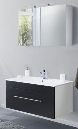 Badezimmer Badmöbel Set "Viva" in schwarz Seidenglanz und weiß 4-teilig inkl. Waschbecken und LED 100 x 190 cm
