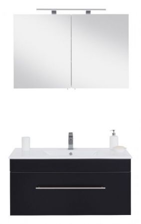 Badezimmer Badmöbel Set "Viva" in schwarz Seidenglanz und weiß 4-teilig inkl. Waschbecken und LED 100 x 190 cm
