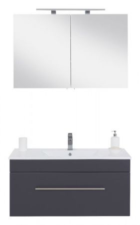 Badezimmer Badmöbel Set "Viva" in anthrazit Seidenglanz und weiß 4-teilig inkl. Waschbecken und LED 100 x 190 cm
