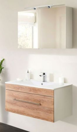 Badezimmer Badmöbel Set Viva in Sonoma Eiche hell und weiß 4-teilig inkl. Waschbecken und LED 100 x 190 cm