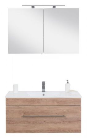 Badezimmer Badmöbel Set "Viva" in Sonoma Eiche hell und weiß 4-teilig inkl. Waschbecken und LED 100 x 190 cm