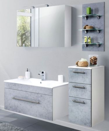 Badezimmer Badmöbel Set "Viva" in Stone Design grau und weiß 4-teilig inkl. Waschbecken und LED 100 x 190 cm