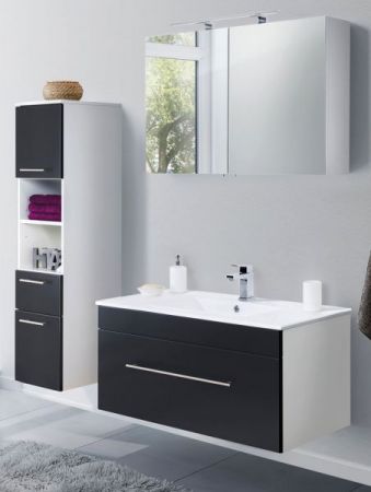 Badezimmer Badmöbel Set "Viva" in schwarz Seidenglanz und weiß 5-teilig inkl. Waschbecken und LED 150 x 190 cm