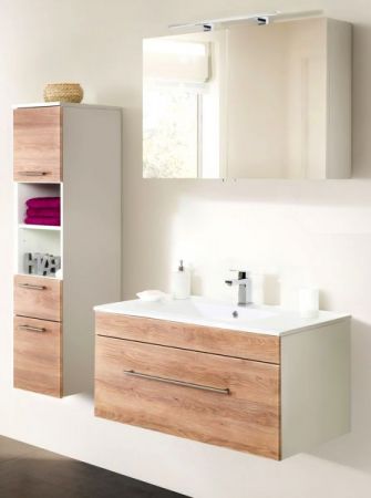 Badezimmer Badmöbel Set Viva in Sonoma Eiche hell und weiß 5-teilig inkl. Waschbecken und LED 150 x 190 cm