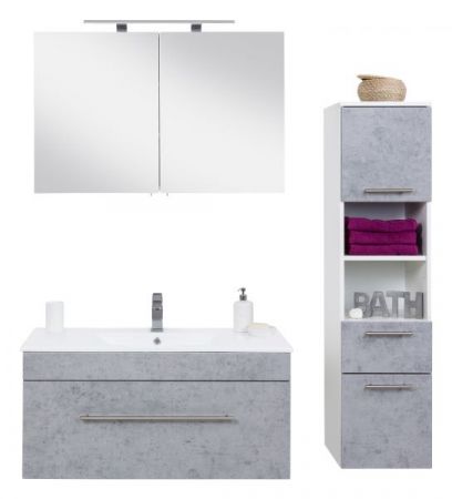 Badezimmer Badmöbel Set "Viva" in Stone Design grau und weiß 5-teilig inkl. Waschbecken und LED 150 x 190 cm